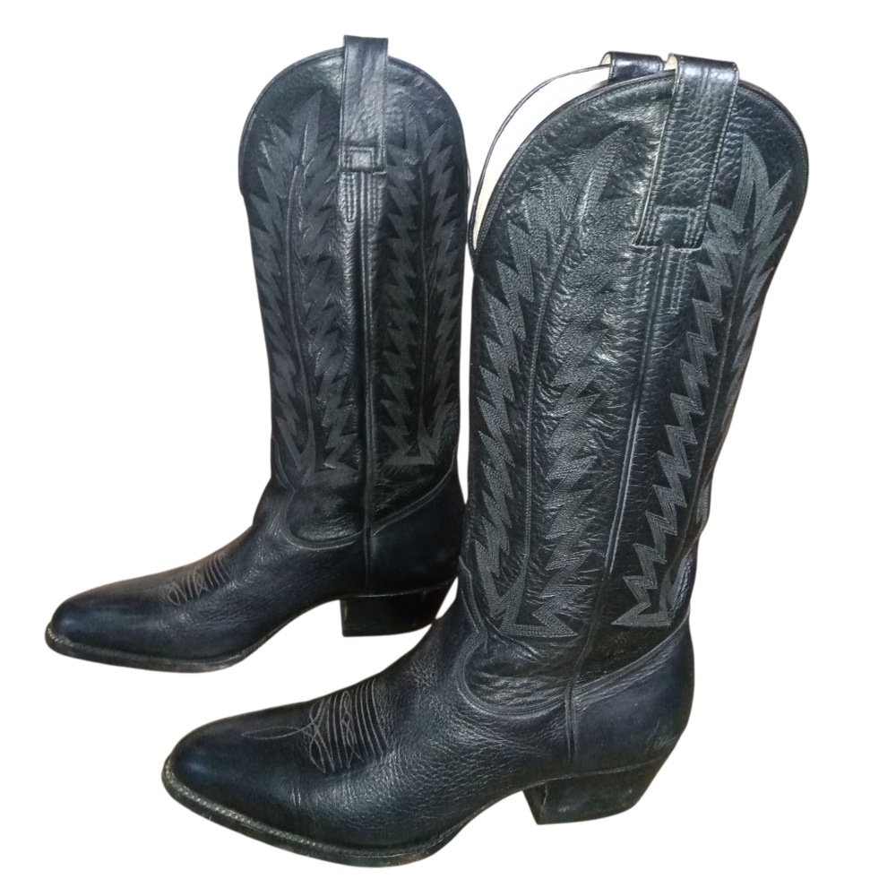 Vintage Black Leather Western Heeled Boots